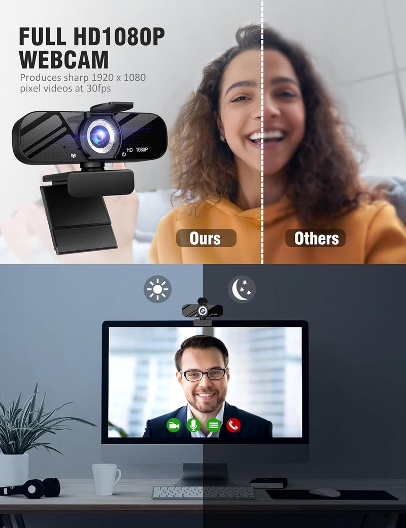Tewiky Full HD Webcam with Built-in Microphone and Rotatable Tripod, 1080P Video and Wide Angle Camera, Privacy Cover, for Desktop PC or Laptop Computer - Image 2